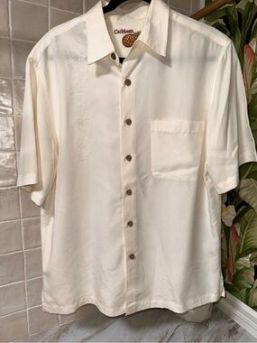 Caribbean Brand Cream Short Sleeve Button-Down Shirt with Embroidered Detail